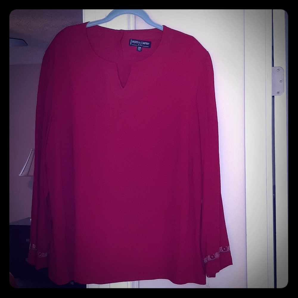 Red top with sheer long sleeves